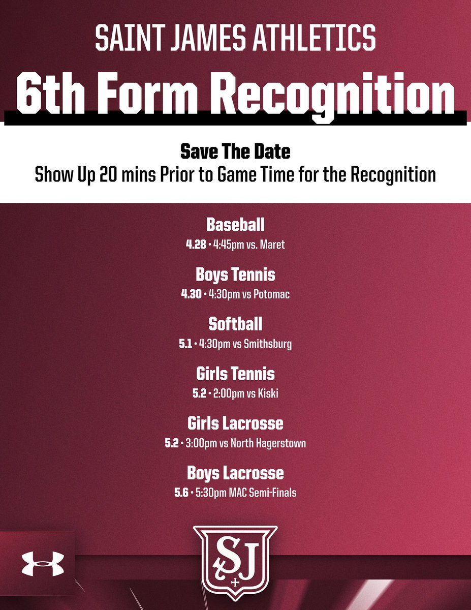 SJSathletics's tweet image. Mark your calendars for our Spring 6th Form recognitions! Join us as we celebrate our 6th formers and their achievements. Please arrive 20mins prior to game time for the ceremonies. #SaintHood