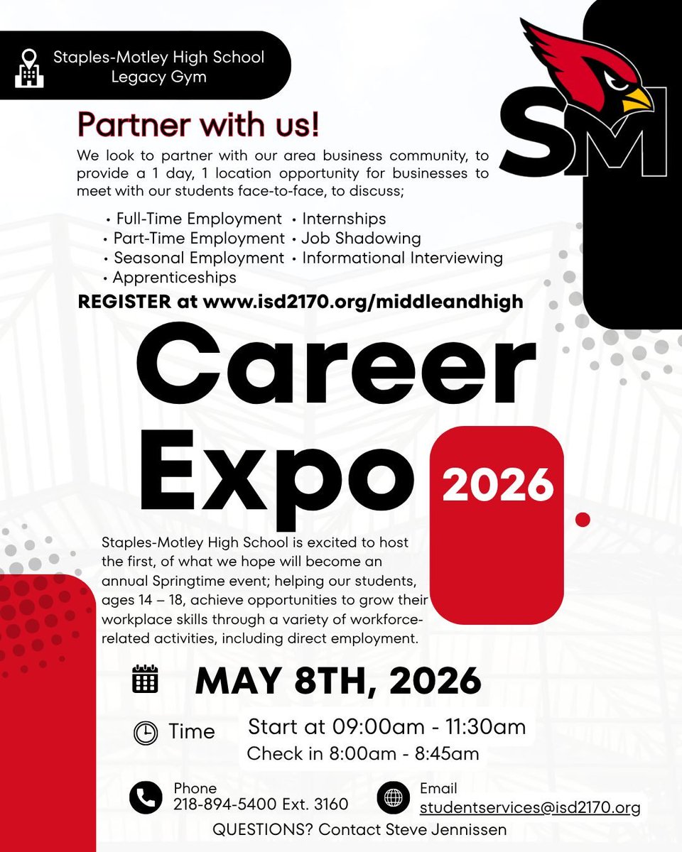 cdcmorrisonmn's tweet image. The Staples-Motley School District will be hosting a 2026 Career Expo, if your business would like to attend, contact them today! facebook.com/share/p/1EVUdE…
#StaplesMN #MotleyMN #MorrisonCounty