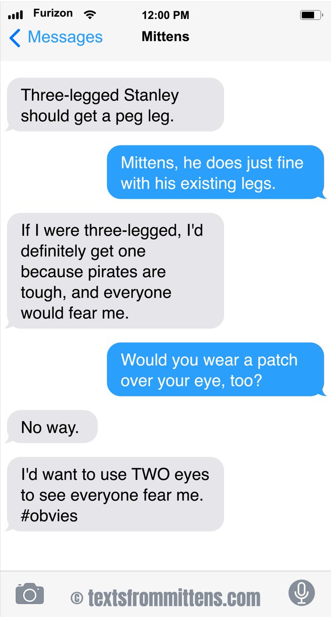 TextFromMittens's tweet image. NEW Daily Mittens: The Peg Leg Edition  
More Mittens: buff.ly/2HTfcMp #textsfrommittens #webcomic #webcomics #texts