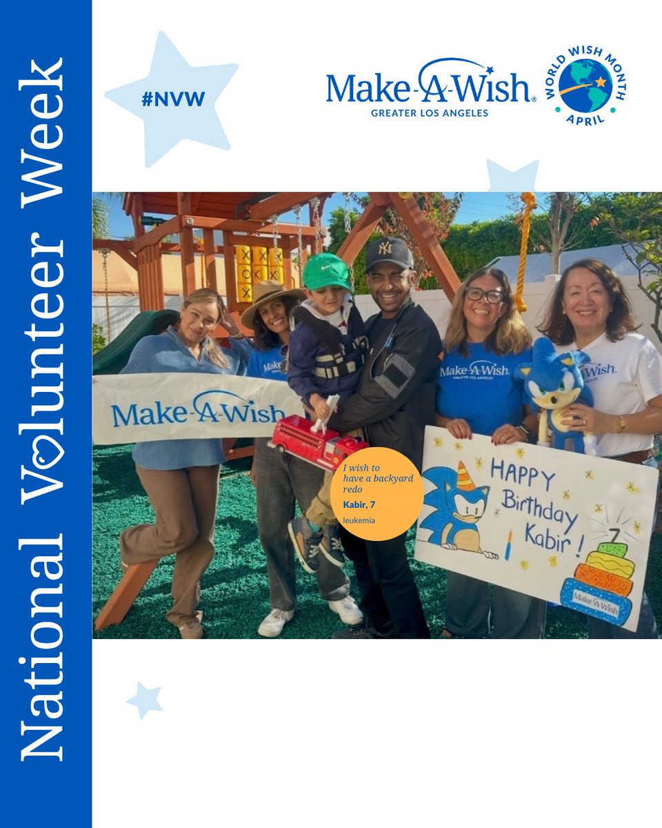 makeawishla's tweet photo. During National Volunteer Week and World Wish Month, we honor the volunteers who help make life-changing wishes possible for children with critical illnesses. Visit the link in our bio to learn more and get involved. #NVW https://t.co/XDlFREXGdR