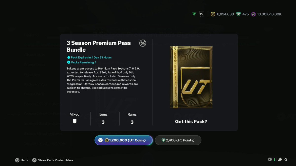 💰FC tarihinin en PAHALI paketi mağazada !

7. 8. Ve 9. Sezon Biletleri için premium almak isterseniz 1.2M coin/2400 FP karşılığında bu paketi alabilirsiniz.

🤯EA bu sene açgözlülüğün kitabını yazıyor diyebiliriz...