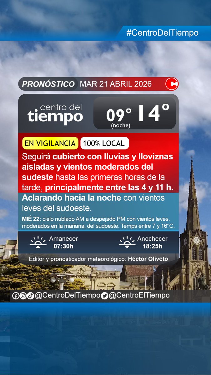 centroeltiempo's tweet image. Nuestra previsión meteorológica, continuando en vigilancia 100% local por lluvias, para mañana martes 21 de abril y un adelanto para miércoles 22acá:
🕢Emisión 20/04/26 19:15 h.
⚠️Válido para el área triciudad de #Azul, #Olavarría y #Tandil en el centro de la #ProvinciaDeBsAs.