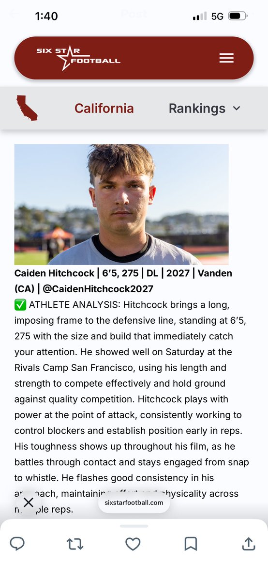CJHitchcock99's tweet image. Enjoyed a workout with @Rivals at San Francisco’s  #UANEXT  this weekend. Appreciate the write up @sixstarfootball.