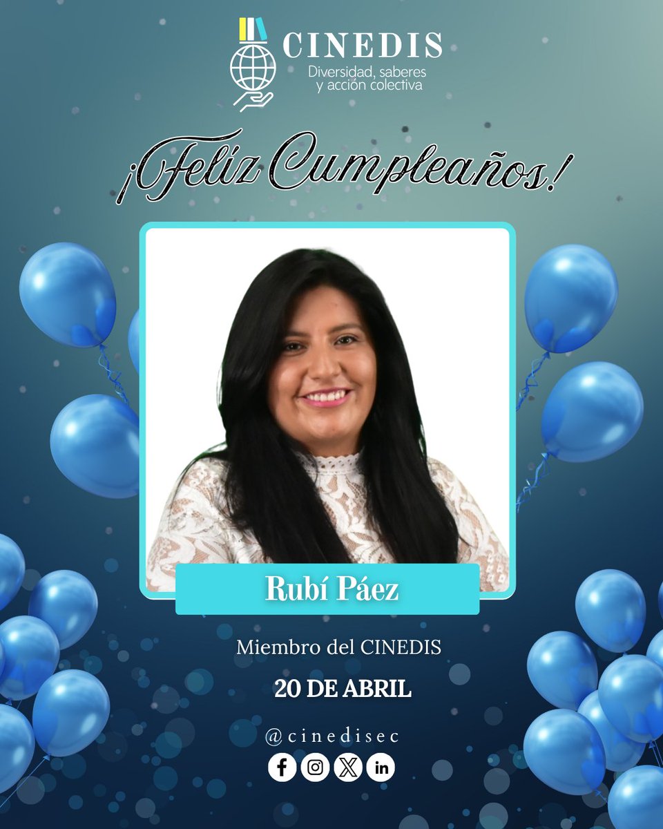 🎉📘 Hoy celebramos a Rubí Páez 🎉

Saludamos a Rubí Páez, Miembro del CINEDIS, destacando su compromiso con la investigación social, el diálogo y la promoción de derechos desde una mirada crítica e inclusiva.

¡Feliz cumpleaños Rubí y muchos éxitos en este nuevo año!

#CINEDIS