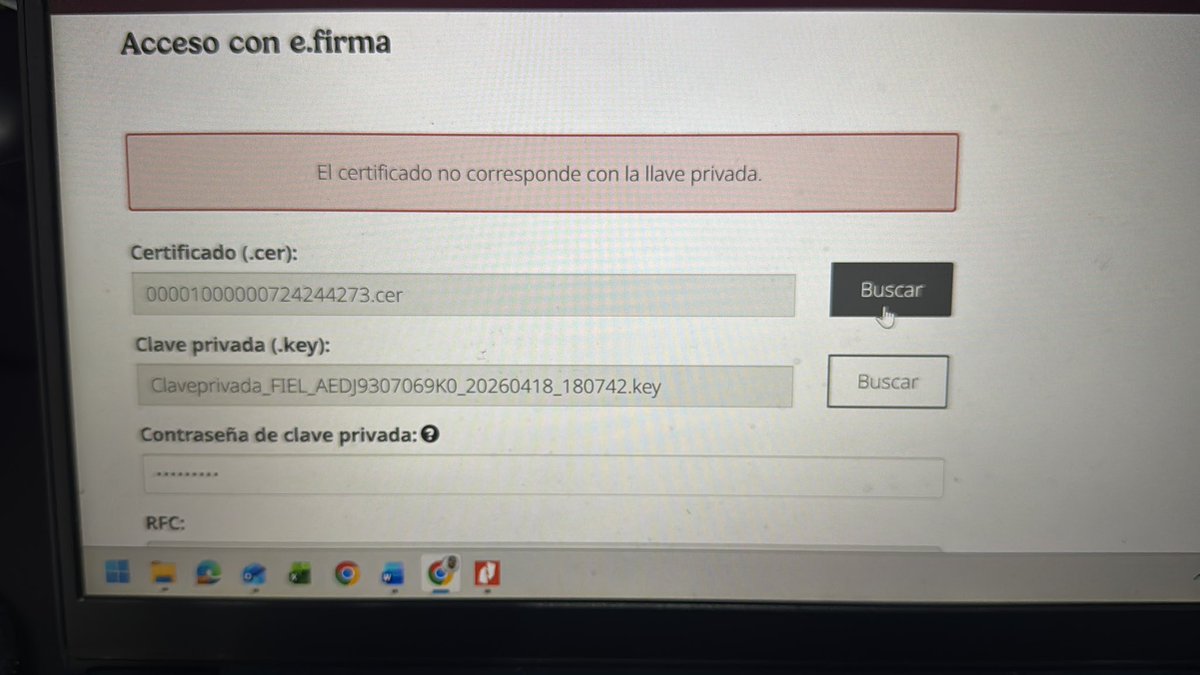 JaviiAlejo's tweet photo. @SATMX Hola me aparece que está activo intenté ingresar, pero me aparece que el certificado no corresponde con la llave privada. https://t.co/v4Ii5tB45W
