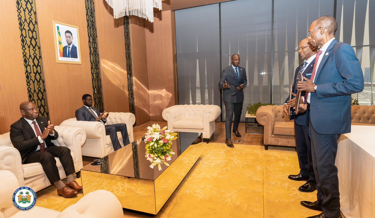 julius_maadabio's tweet photo. Today, President Faye and I witnessed the signing of a cooperation treaty on mining and energy between Sierra Leone and Senegal.

This marks a strategic milestone in strengthening our bilateral relations and expanding opportunities within the extractive and energy sectors for both our nations.