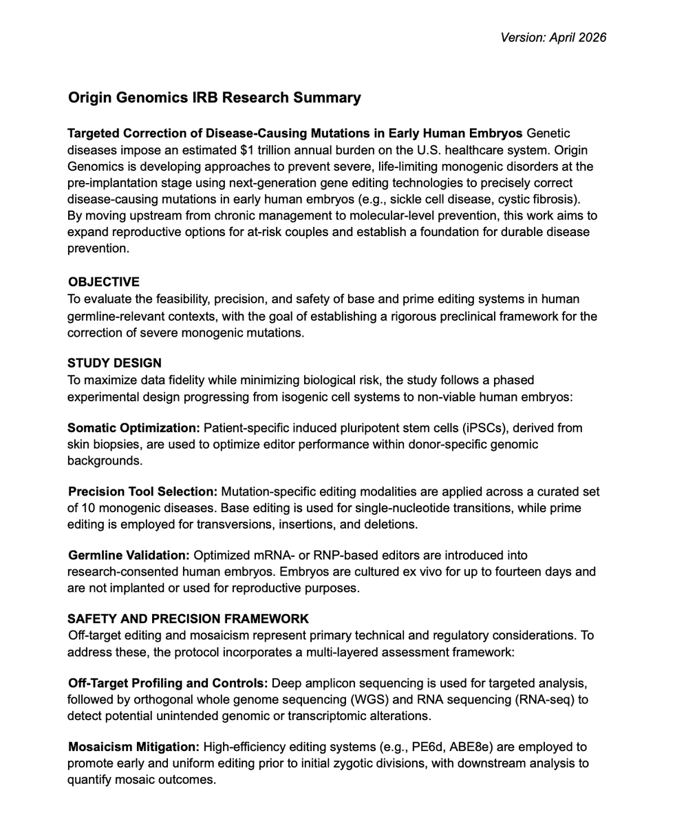 CathyTie's tweet photo. Sharing for the first time, our research plan: Human embryonic gene editing to correct disease-causing mutations and prevent heritable disease.

All research conducted with IRB oversight in the United States. Transparency is core to how we operate at @OriginGenomics. https://t.co/BPUGYIewC7