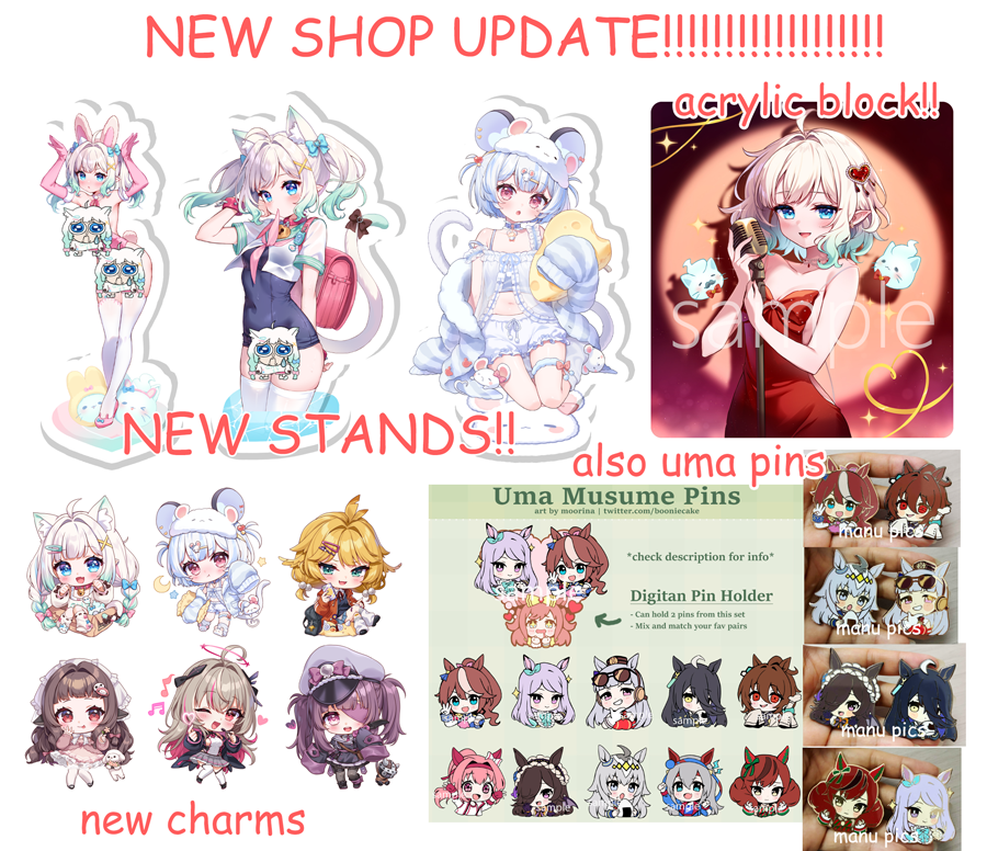 booniecake's tweet photo. Hi I have stuff!!

▶️new Minto &amp; Nemimi stands, acrylic block
▶️new vtuber charms: Minto, Nemimi, Doki, Essie, Emiliya, and Shondo
▶️Uma Musume pins + Digitan pin holder

🔗👇 https://t.co/B1AwZluoav
