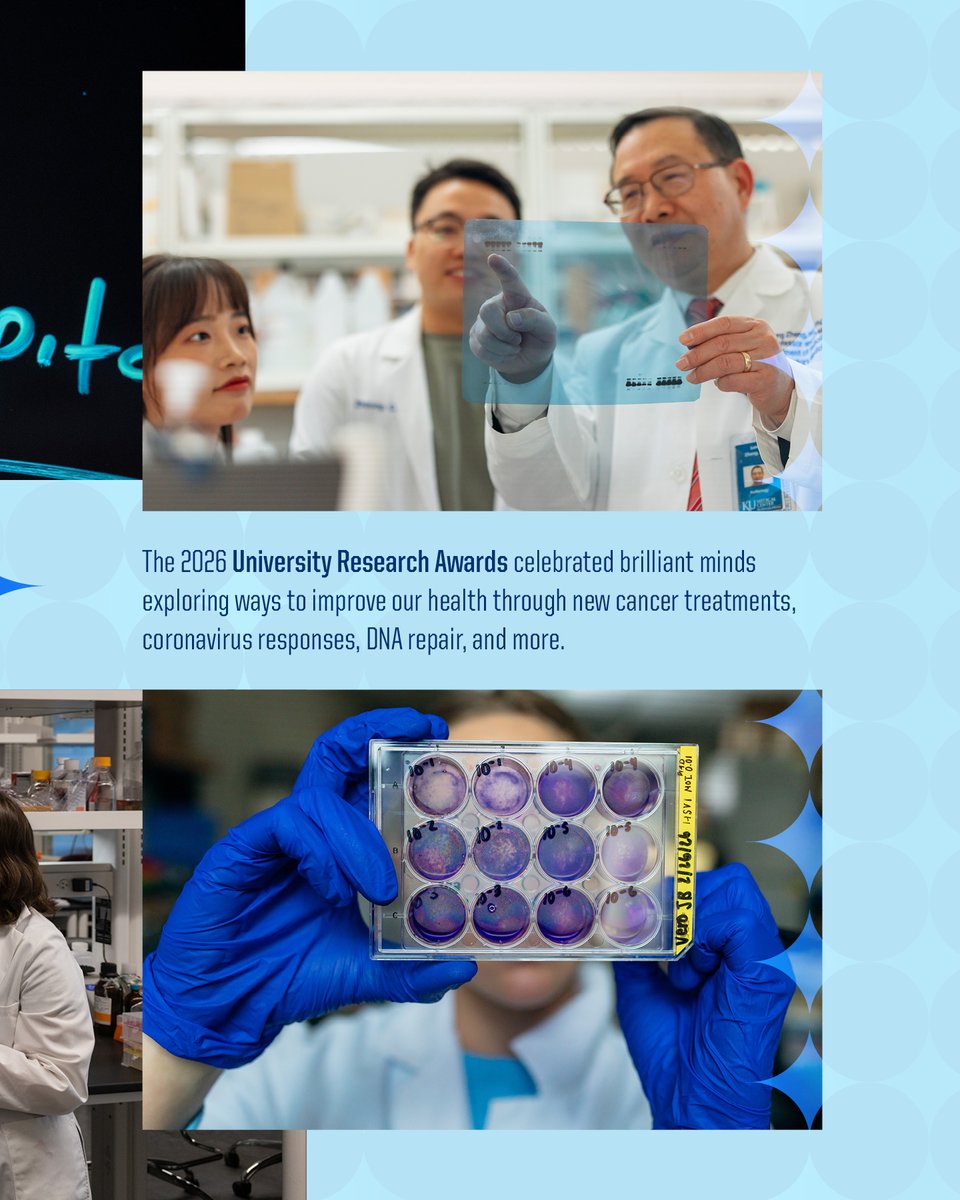 UnivOfKansas's tweet image. On April 14, KU presented the 2026 University Research Awards to stellar scholars whose discoveries are expanding knowledge from the microscopic to the cosmic. 💫

Follow the link to see the dynamic #research happening at KU in service of a better world. create.ku.edu/research-2026?…