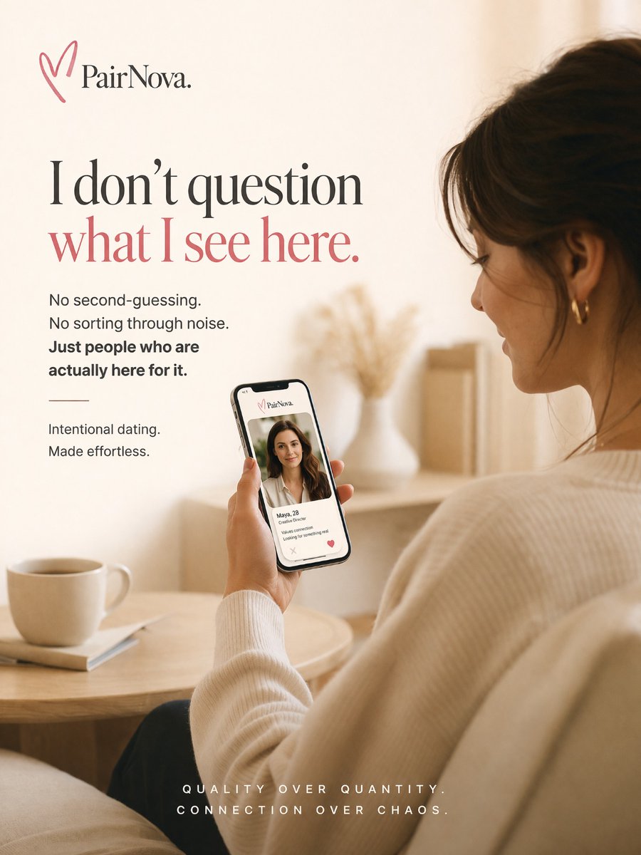 PairNova01's tweet image. Stop second-guessing.

No endless swiping. No noise.
Just people who actually want the same things as you.
Quality over quantity.
Connection over chaos.

#PairNova #IntentionalDating #NoMoreSwiping #ModernDating #QualityOverQuantity #BuildInPublic #StartupIndia