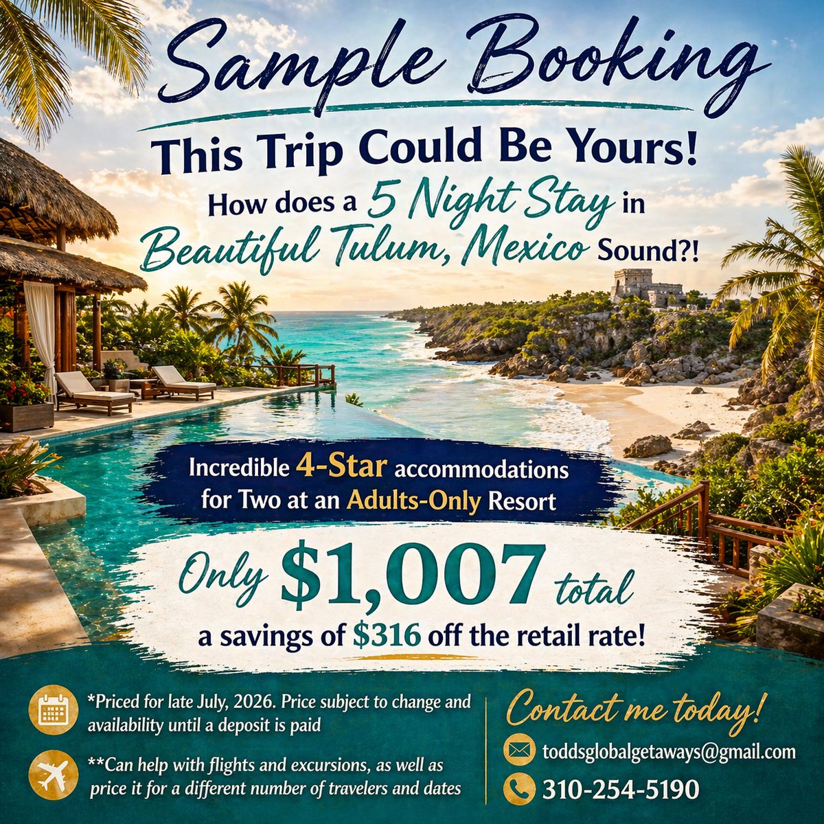 ToddFlora's tweet image. Just for you -- Today's Sample #Booking!

As always, I researched this price just moments ago.

Give yourself a break and consider taking a few days in the sun. #vacation #Mexico2026