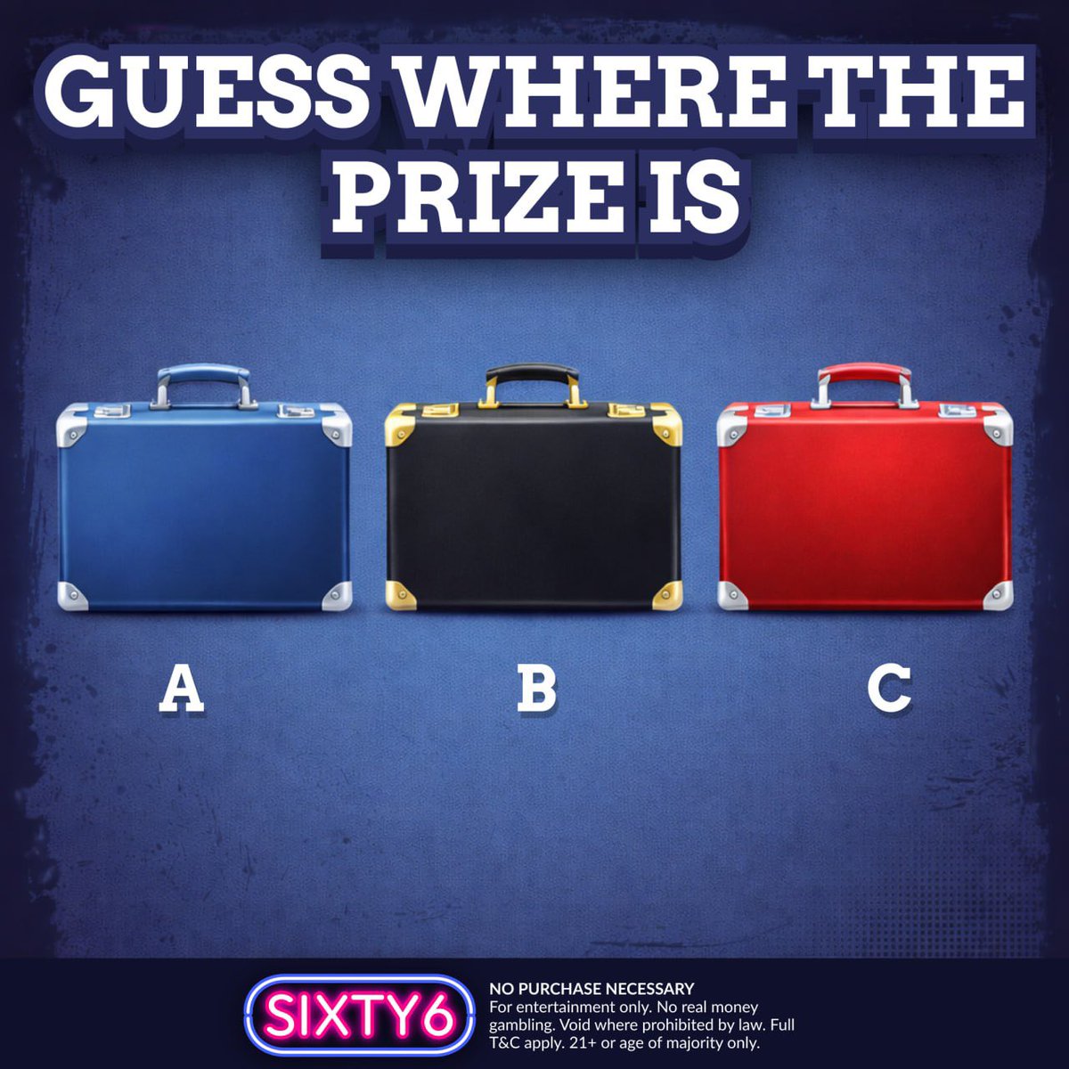 sixty6com's tweet image. 🎁 Guess where the prize is!

Three cases…
Only one hides the reward inside 👀✨

Which one would you open? 🎯

- A
- B
- C

Write your choice and your Sixty6 ID in the comments 💬

Let’s see who gets lucky 🏆🔥 #free #freegames #freeplay

sixty6.click/zbh
