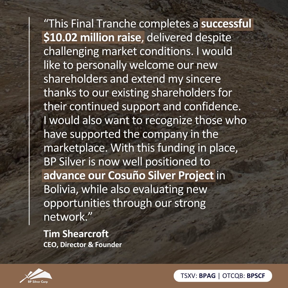 BPSilverCorp's tweet photo. 📢 Last week, BP Silver announced the closing of the third and final tranche of its C$10.02M offering. Funding will support planned exploration at Cosuño, including geophysical surveys and a Phase II drill program.

🔗 Learn more: https://t.co/TE6lnql7Lk

$BPAG $BPSCF https://t.co/hFrMSYihae