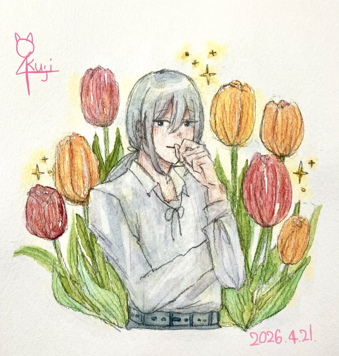 水彩の後に色鉛筆使うの良いなー🌷
#アナログイラスト