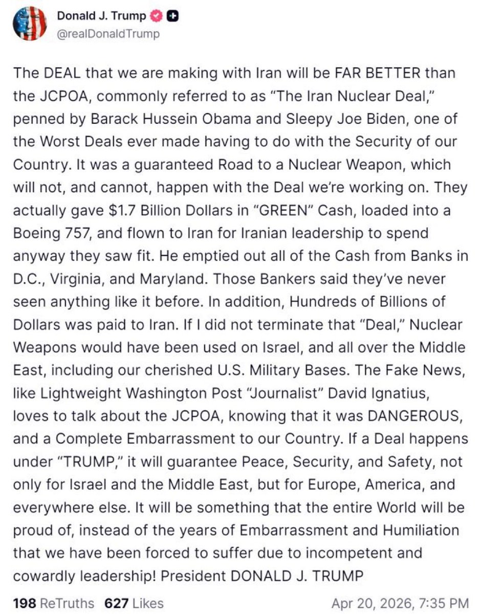 El ACUERDO que estamos haciendo con Irán será MUCHO MEJOR que el JCPOA, comúnmente conocido como “El Acuerdo Nuclear con Irán”, redactado por Barack Hussein Obama y Sleepy Joe Biden, uno de los Peores Acuerdos jamás hechos en lo que respecta a la Seguridad de nuestro País. Era un