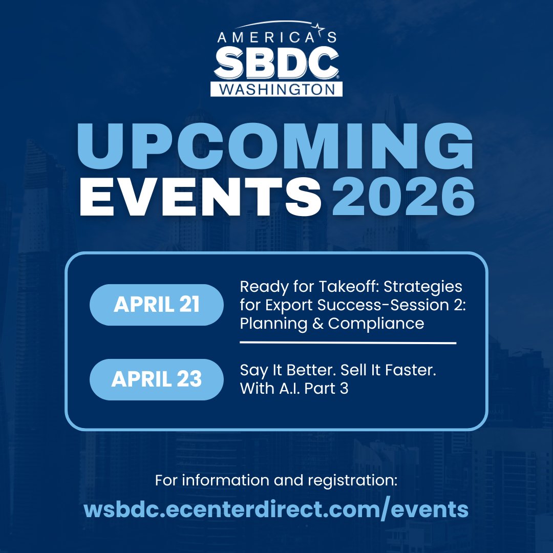 wsbdc's tweet image. New week, new opportunities to learn and grow! Check out this week’s Washington SBDC trainings—built to help you start, grow, and succeed → wsbdc.ecenterdirect.com/events

#Entrepreneur #SmallBiz #Washington #SBDC