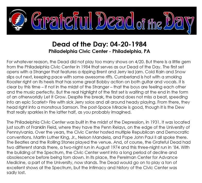 gdradio's tweet image. #UpNext on GDRADIO.NET
(at around 5:30pm eastern / 5:30pm pacific)
★ 1984-04-20 at the Philadelphia Civic Center in Philadelphia, PA ★
#OTD #DeadOTD #DeadHeads #GratefulDead #gratefuldeadmusic
(content courtesy of gratefuldeadoftheday.com)