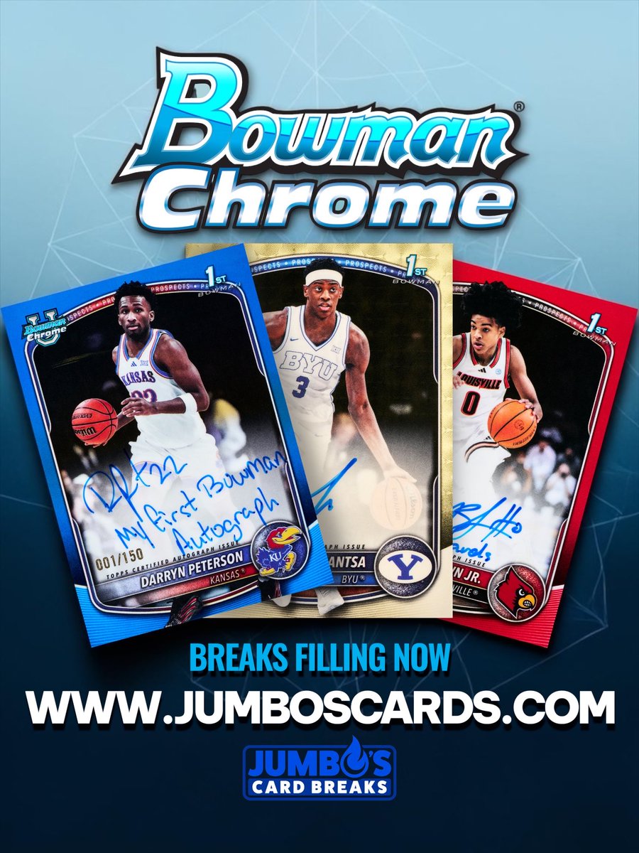 JumboSc21's tweet image. Bowman Chrome Basketball breaks are FILLING NOW! 🔥 Including our FREE PLAYER BREAK that’s currently live on the site! 🤯 Grab your spots today! 🤑 #SportsCards #JumbosCards #Topps #Fanatics #FYP
