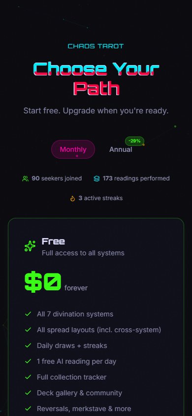 apocky_chaos's tweet image. Most tarot apps: one deck, $9.99/month. Chaos Tarot: 7 divination systems, free.

chaos-tarot.com

#chaostarot #tarot #divination