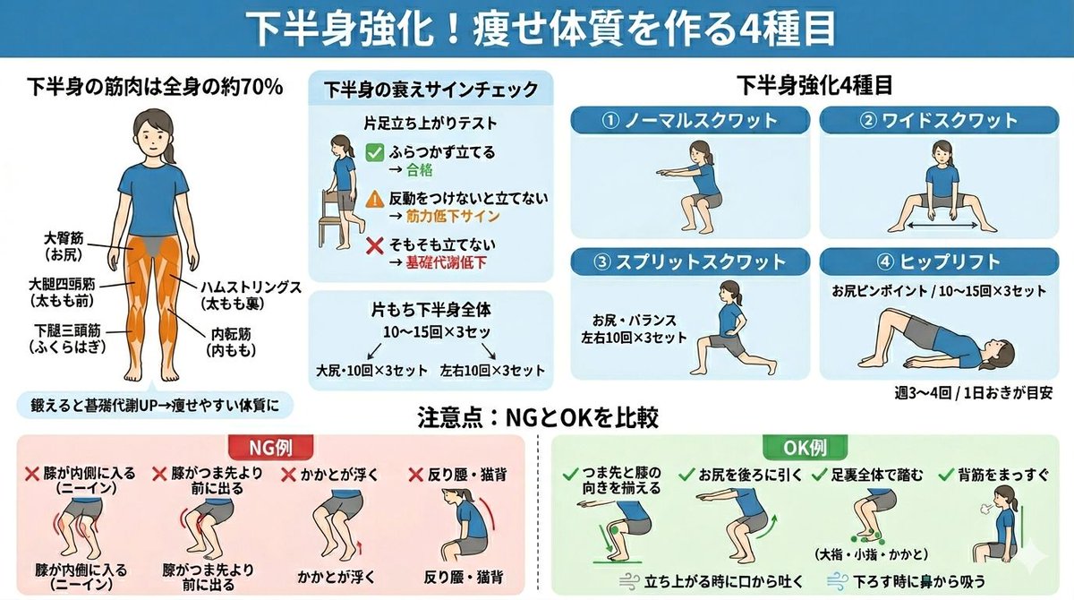 これだけは言わせて。痩せない人の共通点は『下半身の筋肉不足』です。全身の筋肉の約70%が下半身に集中しているので、ここが眠っていると基礎代謝がガクッと落ちます。どれだけ食事を我慢しても、土台の筋肉が細いと消費カロリーは増えません。道具も器具もいらず、マンション住まいでも問題ありませ