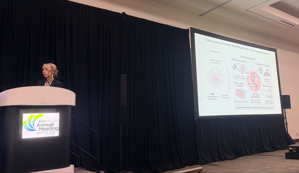 UTMDAnderson's tweet image. The relationship between the tumor microenvironment and tumor-infiltrating microbes is bidirectional in colorectal cancer; each affects the other, our Dr. Susan Bullman said at #AACR26. How they do so may help us create new clinical interventions. Learn more: