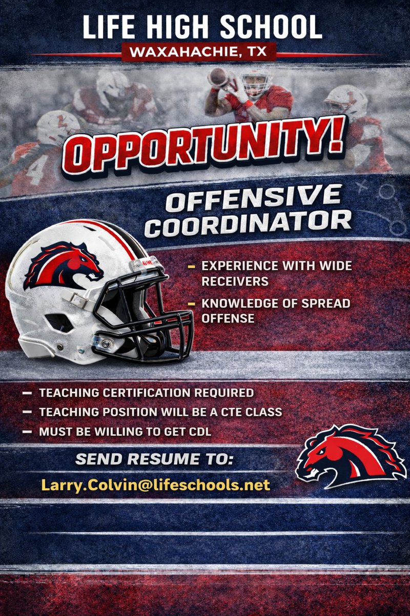 Coach_LColvin's tweet image. 🚨 NOW HIRING: OFFENSIVE COORDINATOR 🚨

Life High School Waxahachie is looking for a PROGRAM BUILDER. 
We want a high energy coach who thrives on building relationships and brings a relentless drive to make an IMMEDIATE IMPACT.
#TXHSFB @Matt_Stepp817 @RicklanHolmes