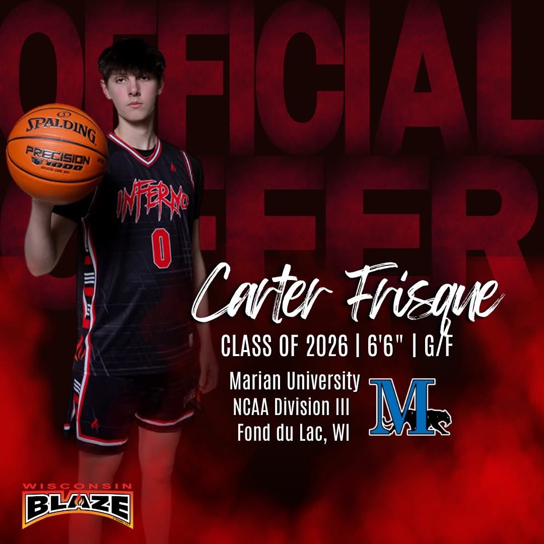 WisconsinBlaze_'s tweet photo. Congratulations to Carter Frisque (2026 | 6’6” | G/F) on receiving an offer to NCAA Division III Marian University #BeTheFlame🔥🏀 @CarterFrisque @WIBlazeInferno_ @MarianUHoops https://t.co/CTQEvcD6au