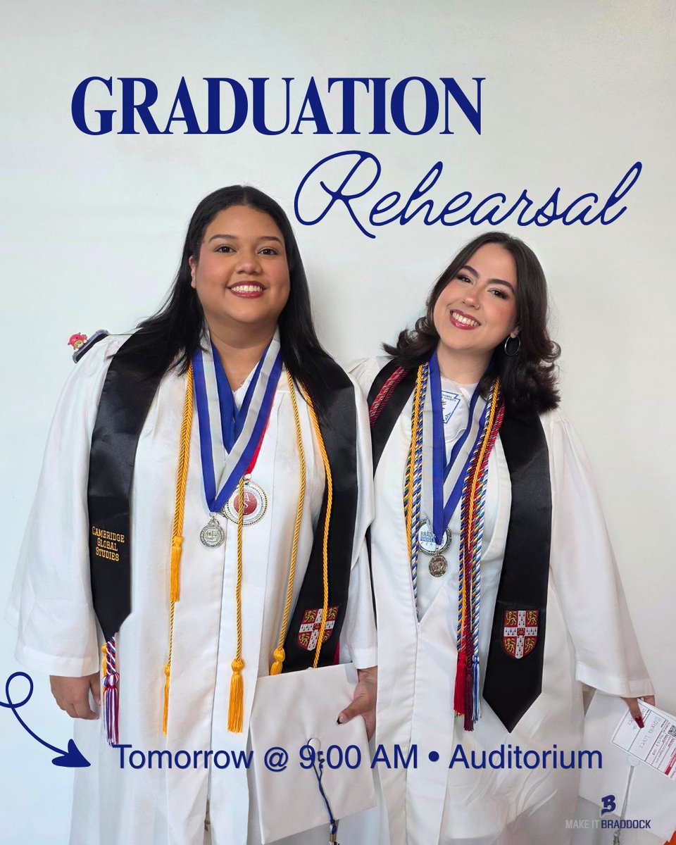 BraddockBulldog's tweet photo. Graduation Rehearsal ๐
Tues, April 21 at 9:00 AM in the Auditorium.
Seniors must report for rehearsal and - wait for an announcement before leaving class. Letโs make sure everything is set for the big day! @SuptDotres @MDCPS @MDCPSSouth #YourBestChoiceMDCPS #MakeItBraddock https://t.co/DPXcZF4WFg
