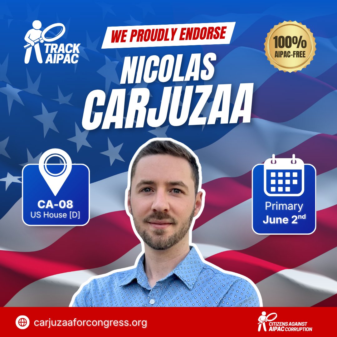 TrackAIPAC's tweet photo. We are proud to endorse Nicolas Carjuzza for Congress in #CA08!

Nicolas Carjuzza is done with business as usual. He's taking a stand against U.S.-funded genocide in Palestine, demanding an arms embargo and rejecting Israeli apartheid. He won't take a cent from AIPAC or the pro-war Israel lobby. In Congress, he will fight to redirect our tax dollars from endless bombing to the communities that need them here at home.

That's real accountability. Stand with Nicolas Carjuzza!