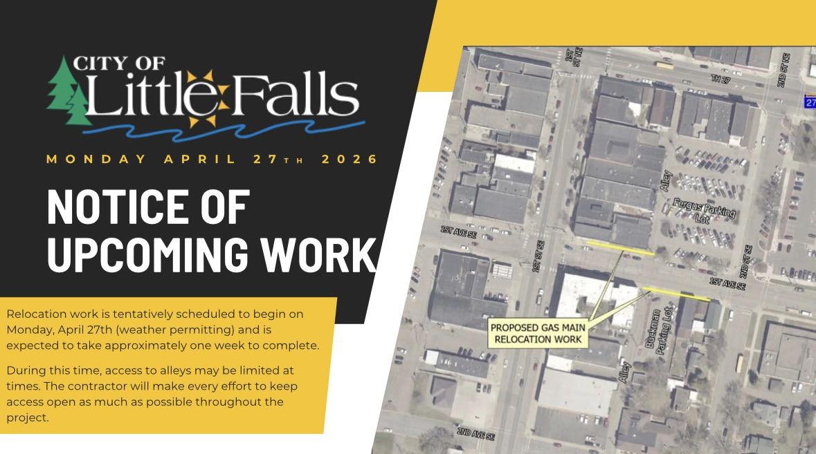 cdcmorrisonmn's tweet image. #LittleFallsMN residents, 
The City of #LittleFalls has shared a 1st Ave SE #GasMainRelocationWork Update...

Relocation work is may begin on Monday, 4/27 (weather permitting) &amp;amp; is expected to take approx. 1 wk to complete.
facebook.com/share/p/1aC21B…
#infrastructure #MorrisonCou