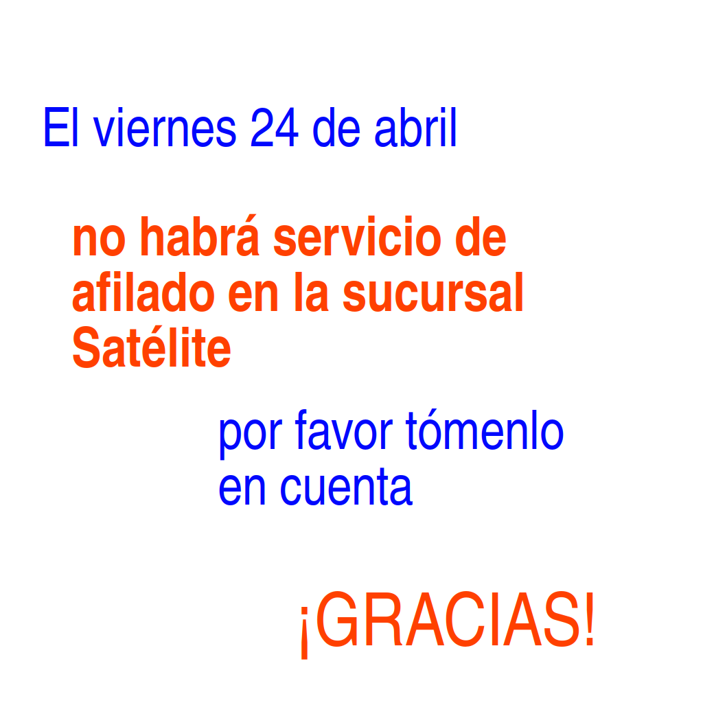 El viernes 24 de abril no tendremos servicio de afilado en Skate World Satélite. Por favor tómenlo en cuenta.
