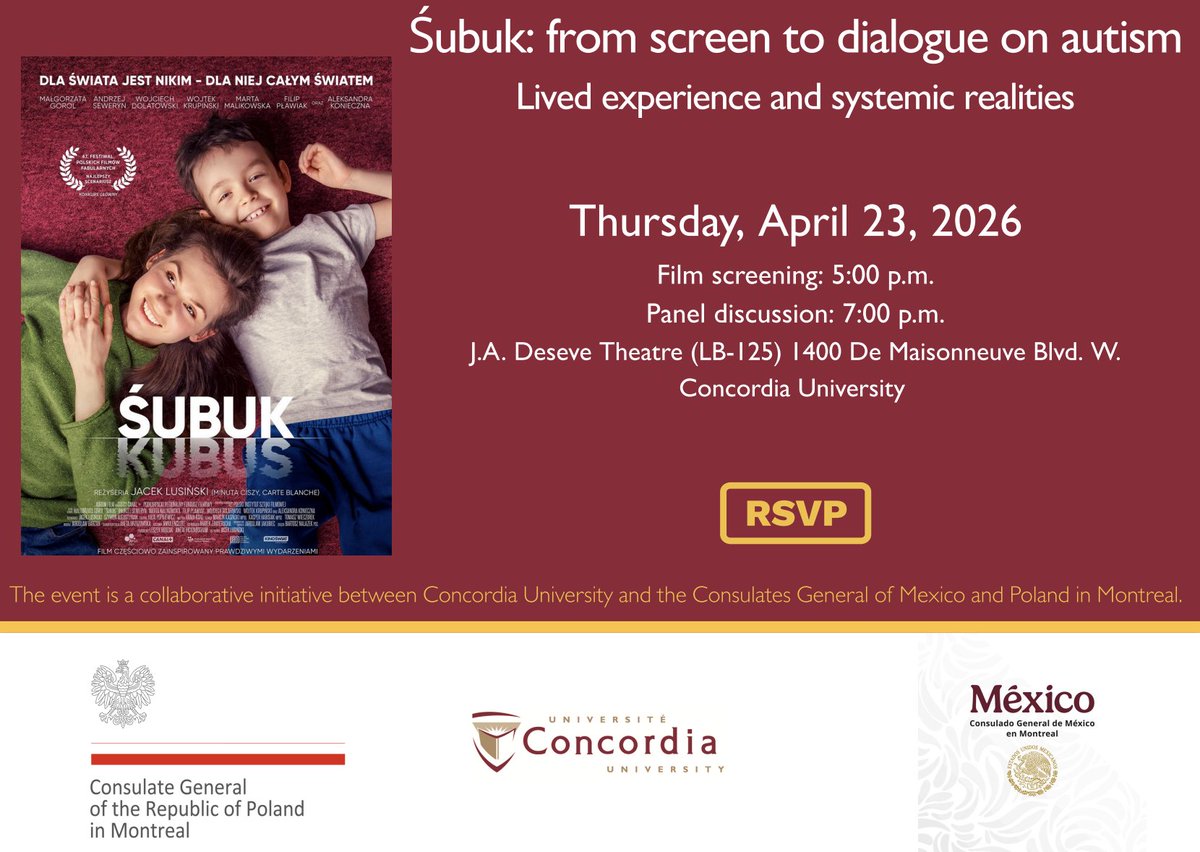 consulmexmtl's tweet photo. 🎬 Śubuk: del cine al diálogo sobre el autismo.

📅 23 de abril
🕔 Proyección: 5:00 p.m. | 💬 Panel: 7:00 p.m.
📍 Teatro J.A. DeSeve, Universidad Concordia
🤝 Iniciativa conjunta de los consulados de México, @PLinMontreal y @Concordia.

Regístrate: https://t.co/RFlKYuUxw6 https://t.co/1luRxfVATw