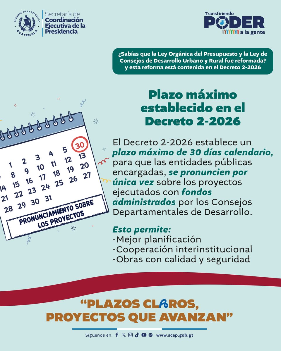 SCEPgt's tweet photo. El Decreto 2-2026 fortalece el desarrollo territorial al mejorar la coordinación entre instituciones y permitir que la inversión pública llegue de forma oportuna a las comunidades, impulsando proyectos que responden a sus necesidades.

#TransfiriendoPoderalaGente https://t.co/r0poKK16eP