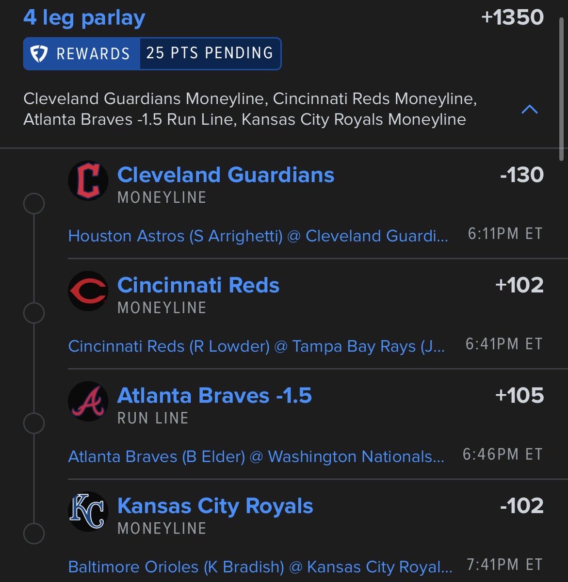 WizPicks__'s tweet image. 💥 MLB BET OF THE DAY 💥
Little 4 leg parlay of ml and a special Braves pick!!! RISK RESPONSIBLY 
💣 Guardians, Reds, and Royals to WIN! 🔥 Braves to COVER -1.5!
Let’s make it a clean sweep tonight! ⚾💸 #MLB #Baseball #Guardians #Reds #Royals #Braves #SportsBetting #Moneyline