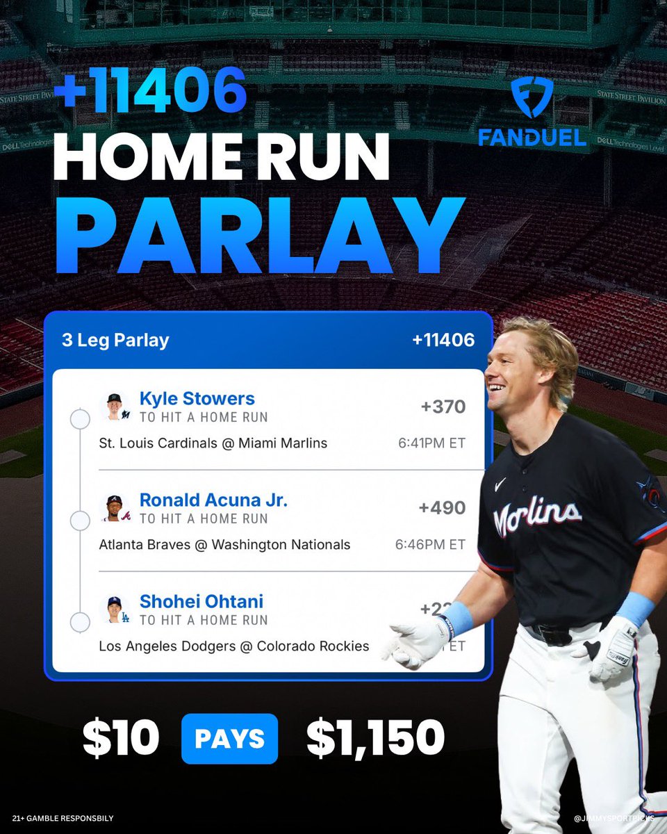 JimmySportPicks's tweet photo. 💣 My Home Run Lotto!

+11406 odds. Taking advantage of the FD Boost. 🚀 

📎 Add it here: https://t.co/nXHWsMlPlS

21+ Gamble Responsibly. https://t.co/KTjyxGXbgK