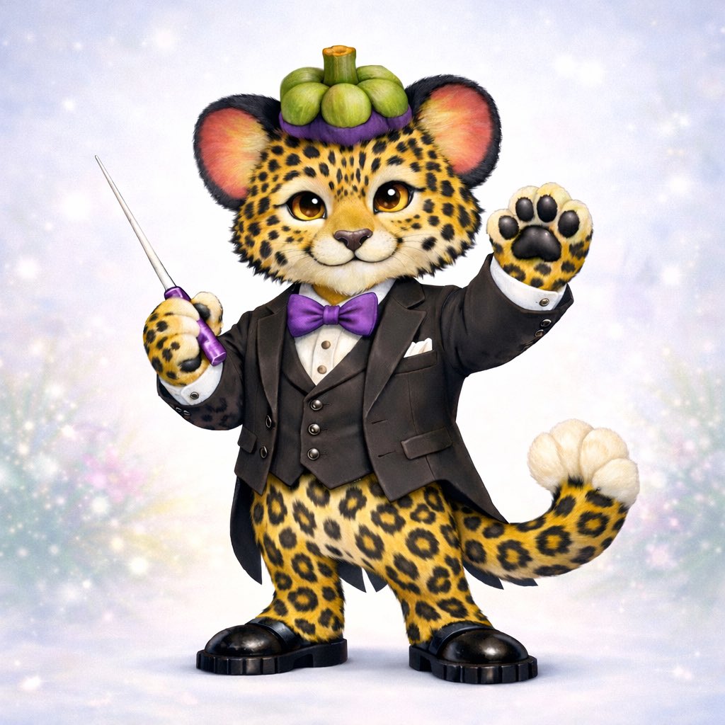 Fruitopia_K's tweet photo. 【キャラクター紹介】
トロピカンジャングルオーケストラ
🎵指揮者：マンゴスジャガー

ジャガーの優れた聴覚で、
風や滝の音をも旋律に変える
トロピカンジャングルの名マエストロ。

マンゴスチンの花をイメージした耳と、
果肉風のしっぽがチャームポイント。

#フルートピア
#オーケストラ https://t.co/9JzFEQjx7i