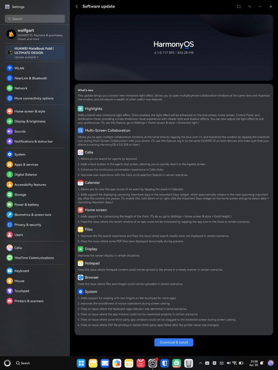 LivingInHarmony's tweet photo. MateBook Fold gets stable HarmonyOS 6.1.0.117 SP5 build
#Huawei #MateBookFold #HarmonyOS6 #Build117 #SP5 #Stable #Official #Foldable #PC #API23 https://t.co/4nIxbvmIeA