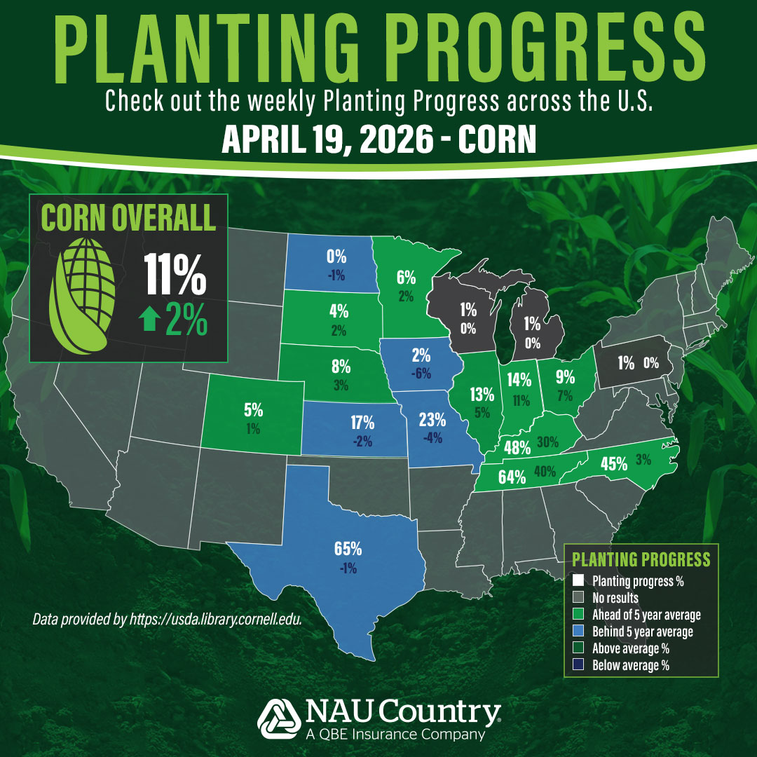 naucountry's tweet image. As the 2026 planting season kicks into high gear, farmers across the country are making strides in the field! Check out the latest USDA data showing crop planting progress for corn and soybeans by state. Learn more here esmis.nal.usda.gov/publication/cr…. #Plant26 #CropProgress #USDA