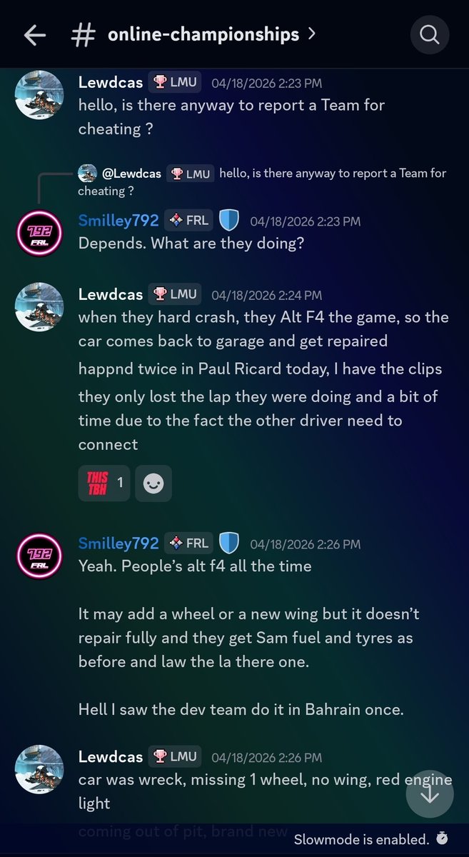 Ischwhit_Racing's tweet image. So... get this:

In @LeMansUltimate, it isn't against the rules for folks to exploit a bug to turn a race-ending wreck into a "fast tow and repair" scenario- where if you crash hard enough, there is no physical option or feature to "tow and repair" like you can in iRacing.

Note