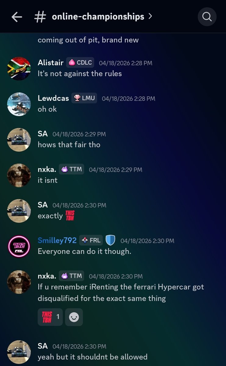 Ischwhit_Racing's tweet image. So... get this:

In @LeMansUltimate, it isn't against the rules for folks to exploit a bug to turn a race-ending wreck into a "fast tow and repair" scenario- where if you crash hard enough, there is no physical option or feature to "tow and repair" like you can in iRacing.

Note