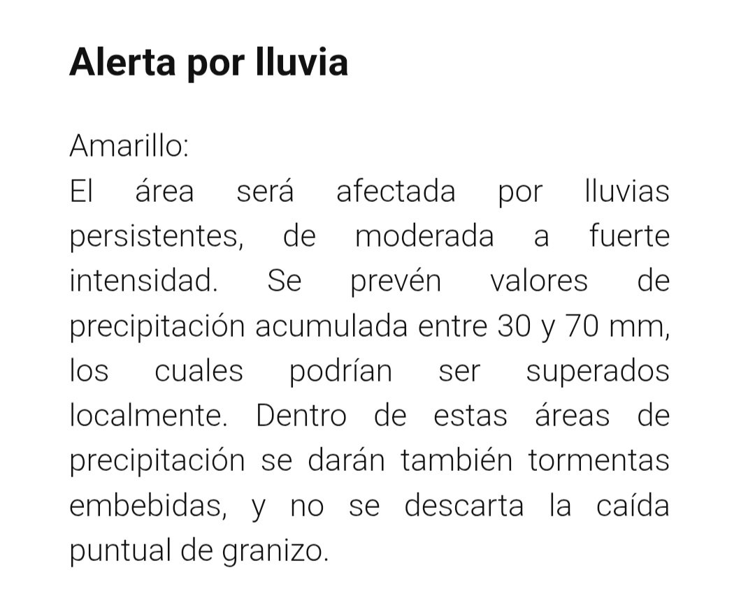 ⚠️Alerta por lluvia nivel amarillo para la tarde y noche de hoy lunes 20 y madrugada del día martes 21 de abril. 

Fuente: #SMN