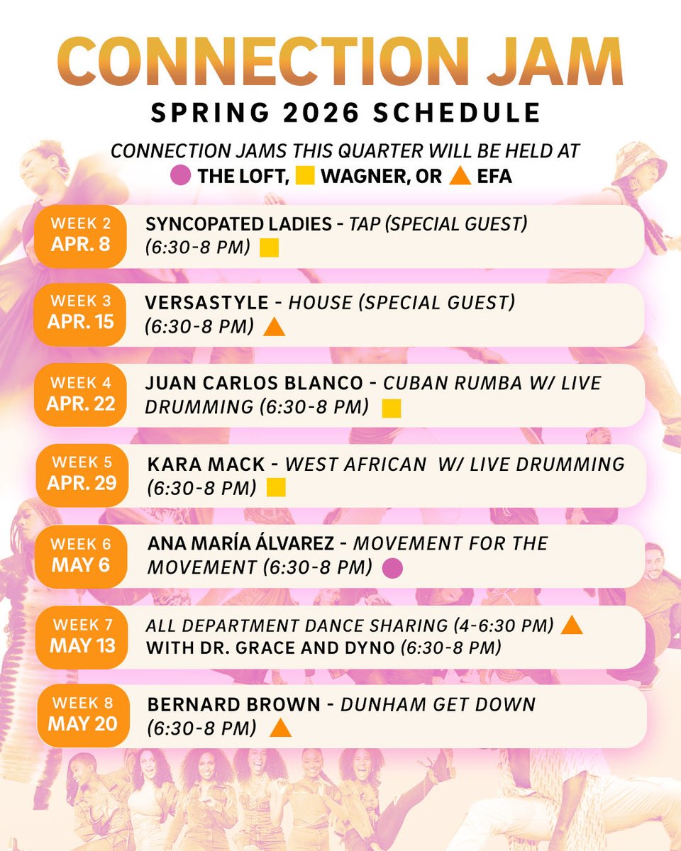 This Wednesday, Connection Jam will be led by Juan Carlos Blanco! 

Join us for an evening of Cuban Rumba with Live Drumming from 6:30 - 8pm at the Wagner Dance Building.

Free &amp; Open To All
No Experience Necessary