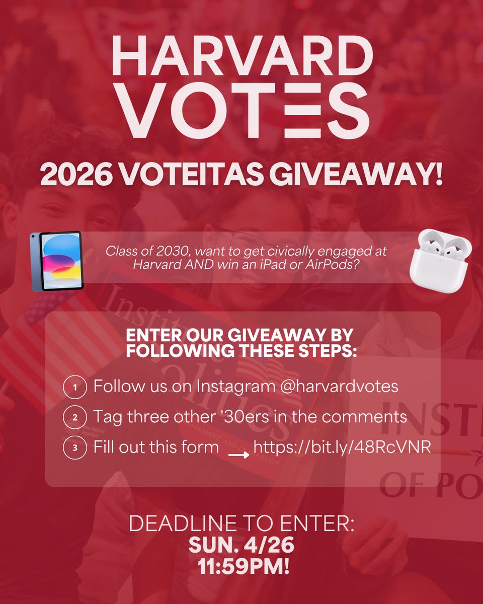 harvardvotes's tweet photo. Welcome to Harvard, Class of 2030! We want to celebrate YOU by giving away a FREE 10.9-inch iPad, AirPods Gen 4, and COOP merch. You can use it to WRITE NOTES, LISTEN TO MUSIC, or wear this AMAZING NEW MERCH as you walk around campus THIS FALL! Enter the giveaway TODAY!!! https://t.co/3oCrgXabhJ