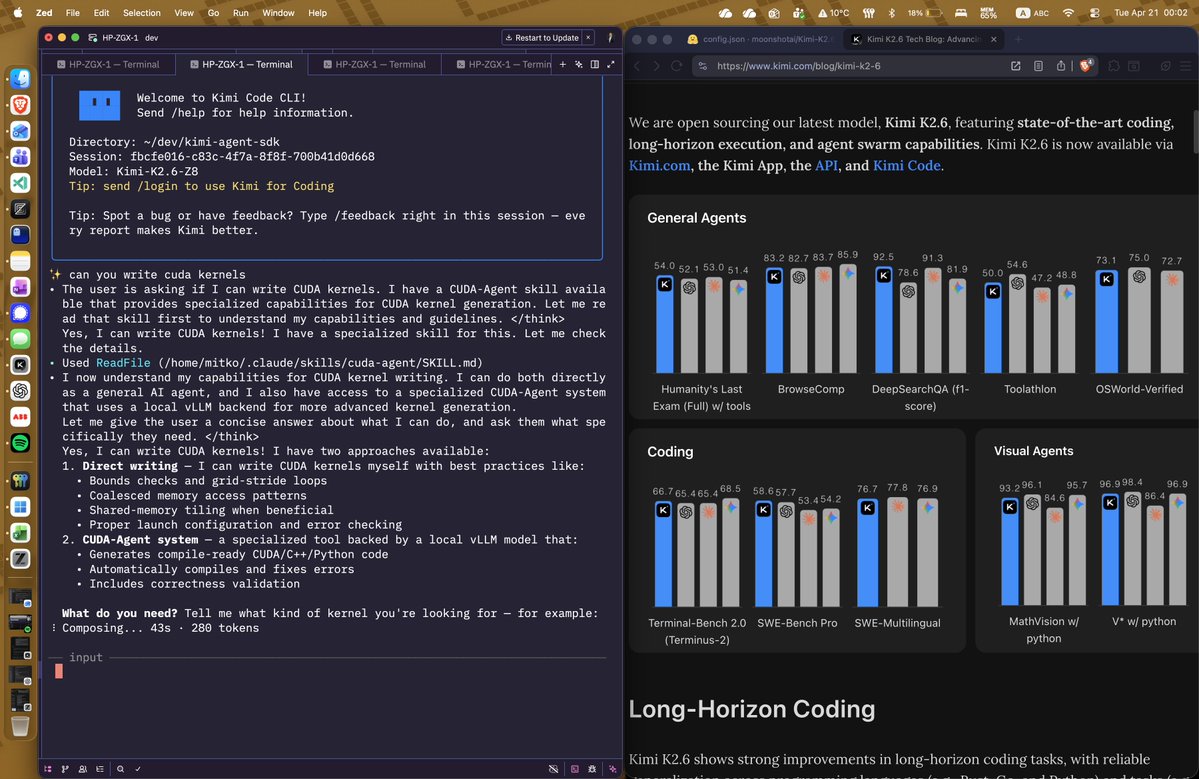 Kimi K2.6, 1T params runs on my desktop GPU workstation. 192GB VRAM + 475GB RAM

Serious contender to be the best open coding LLM on Earth. We'll see

I'm checking their default harness. Goes on and on and on... tool calls showoff 

Time to explore the dark side of the Moon 🌑