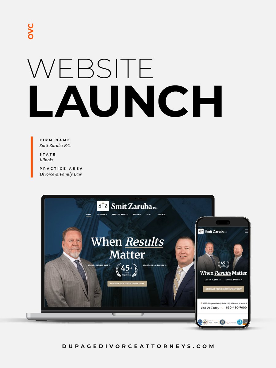 OVCMarketing's tweet image. New website alert! 

When results matter, Smit Zaruba delivers. These attorneys bring decades of family law experience, from high-asset divorce to adoption, to clients throughout the Chicago suburbs. 

View the site: dupagedivorceattorneys.com

#WeKnowLawyerMarketing #WebsiteLaunch