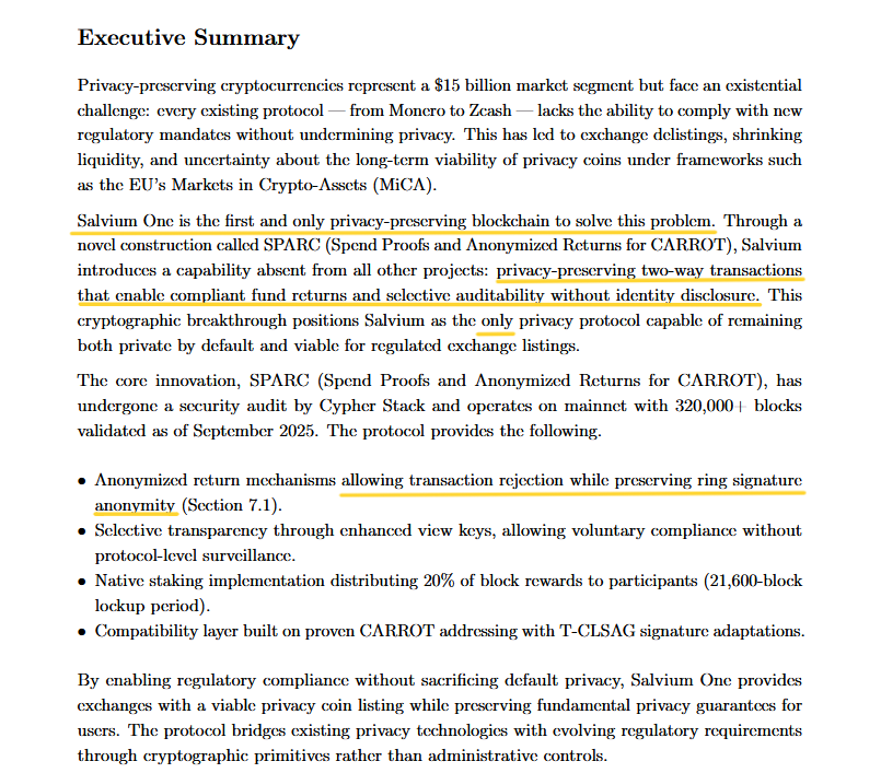 hey <a href="/milesdeutscher/">Miles Deutscher</a> <a href="/cz_binance/">CZ 🔶 BNB</a> <a href="/cobie/">Cobie</a> <a href="/Snowden/">Edward Snowden</a> 

this is what is needed in the privacy space. Privacy-preserving two-way transactions that enable compliant fund returns and selective auditability without identity disclosure. Privacy remains the absolute default.

<a href="/salvium_io/">Salvium</a> has