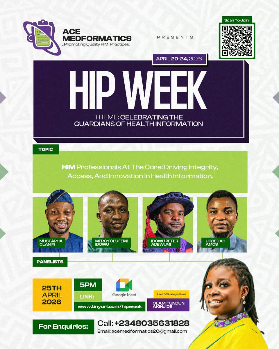 AMedformatics's tweet photo. Join us this Saturday, 25 April at 5:00 PM for a high-level panel discussion on “HIM Professionals at the Core: Driving Integrity, Access and Innovation in Health Information.”

With @Real_MOAS #Idowumercy, and @AdewumiIdowuPe1 @UgbedahA, hosted by @CeccyAkinjide.

Link: 👇 https://t.co/H6wadnnL5a