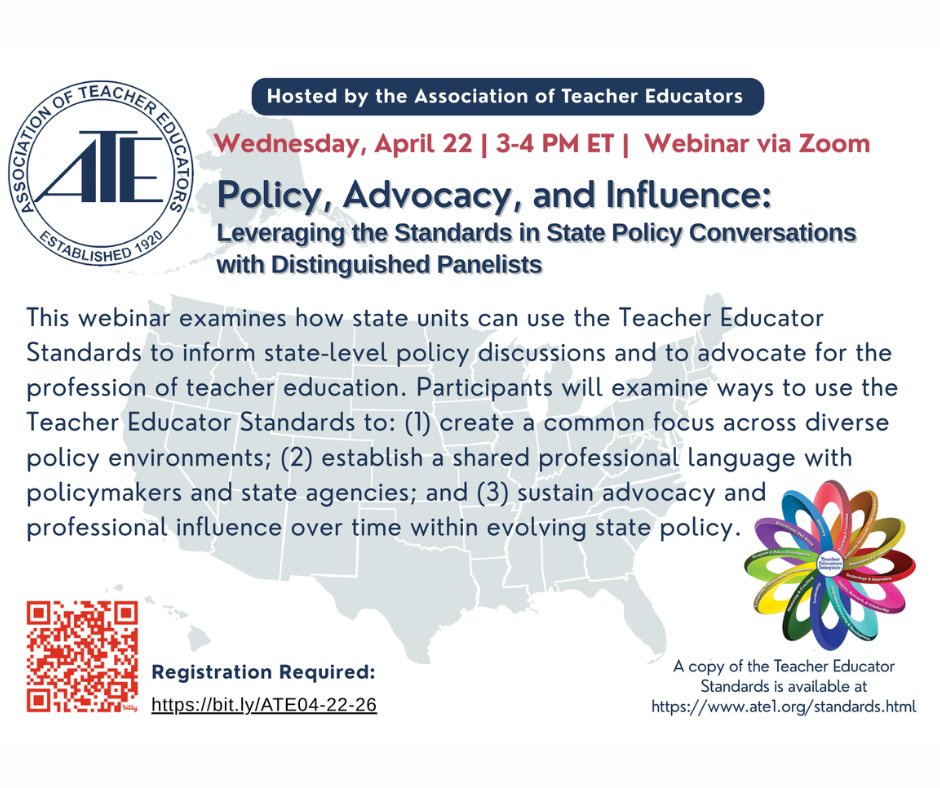 AssocTeacherEd's tweet image. Wednesday April 22nd at 3:00pmET - Webinar - Policy, Advocacy, and Influence: Leveraging the Standards in State Policy Conversations with Distinguished Panelists. Register at ate1.org #webinar #teachers #standards #policy
