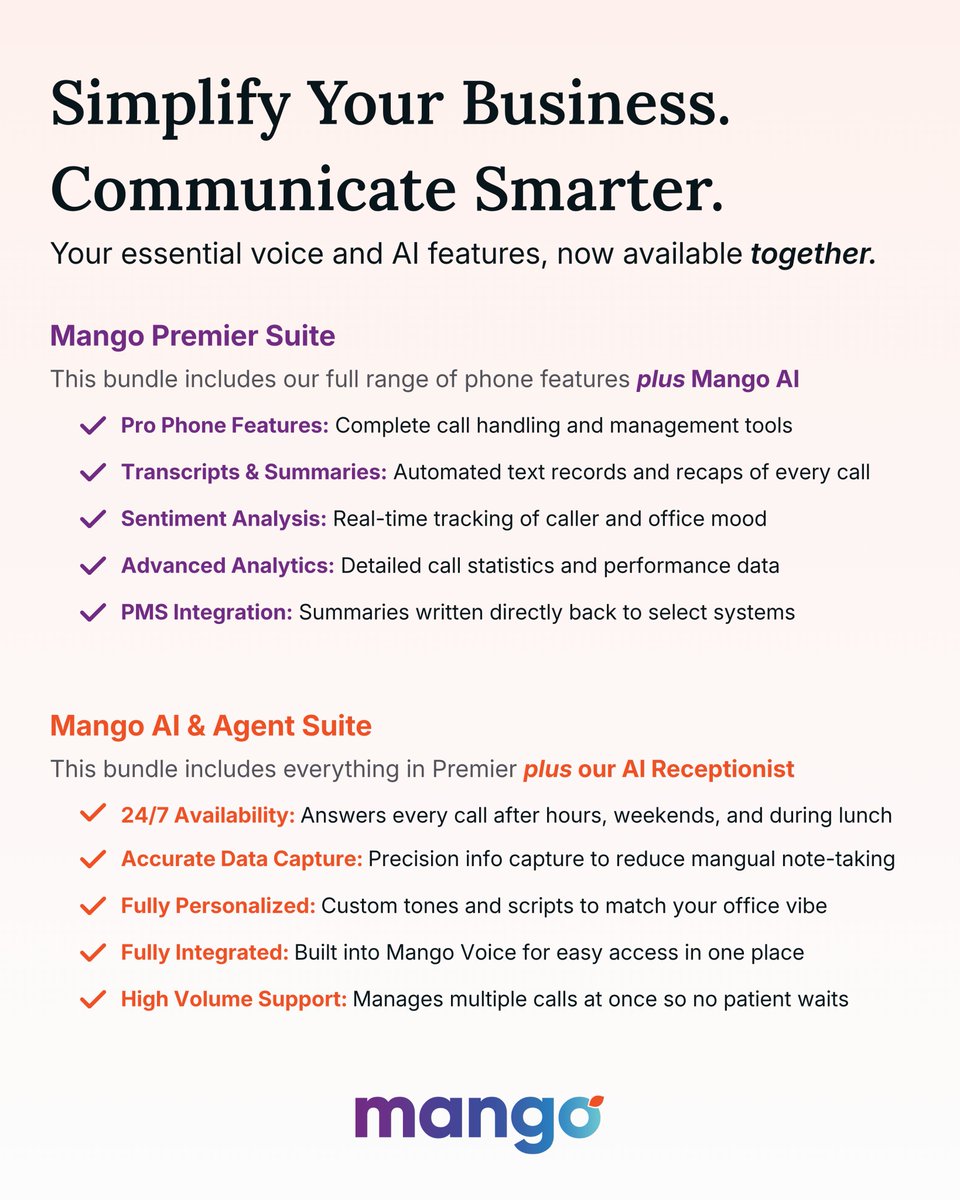 mangovoice's tweet image. Whether you need powerful call handling or a 24/7 AI receptionist, we have a suite designed to fit your practice needs!

#DentalTech #AIinHealthcare #PracticeGrowth #PatientExperience #Automation #VoIP #MangoVoice