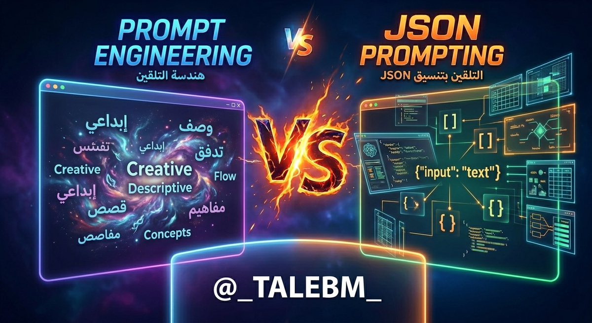 هندسة الأوامر (Prompt Engineering) القديمة ماتت

ما عاد أحد يكتب للذكاء الاصطناعي سوالف ونصوص طويلة. أفضل النتايج اليوم تطلع من الناس اللي تكتب البرومبت كأنه "كود برمجي"

الطريقة هذي اسمها (JSON Prompting) وإذا جربتها مستحيل ترجع لطريقتك القديمة 

( احفظها لوقت الحاجة)